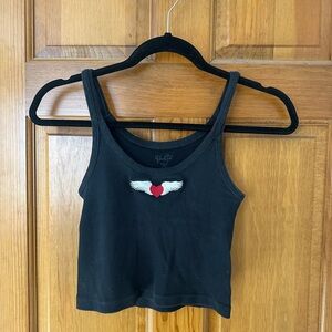 Brandy Melville Black Ribbed Tank with Red Heart and White Wings